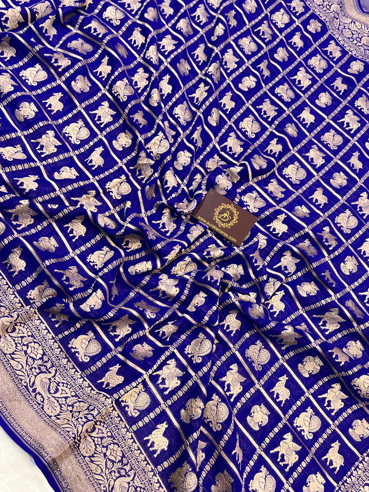 Royal Blue Banarasi Handloom Pure Khaddi Georgette Silk Saree - Aura Benaras