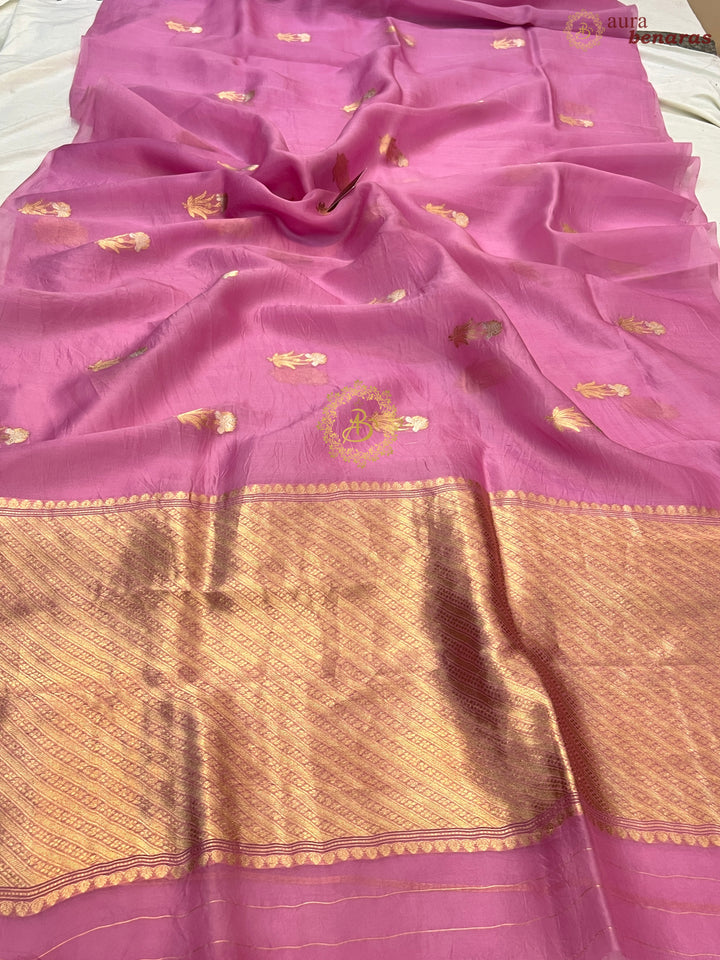 Pinkish Lavender Pure Kora Silk Handloom Banarasi Saree