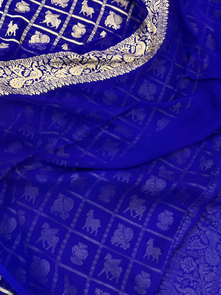 Royal Blue Banarasi Handloom Pure Khaddi Georgette Silk Saree - Aura Benaras