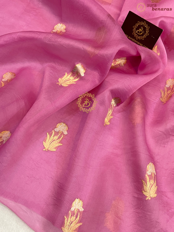 Pinkish Lavender Pure Kora Silk Handloom Banarasi Saree