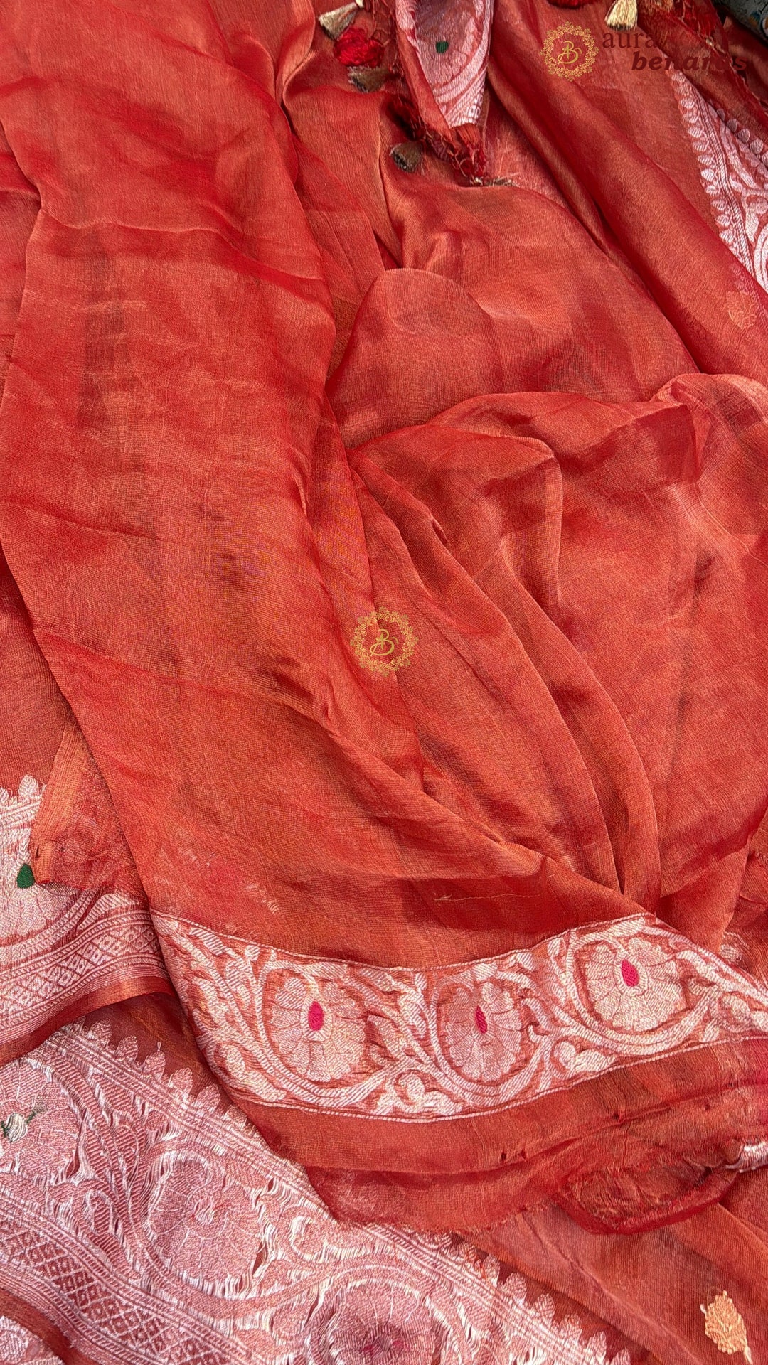 Orange Chiffon Tissue Silk Banarasi Saree with Sona Rupa