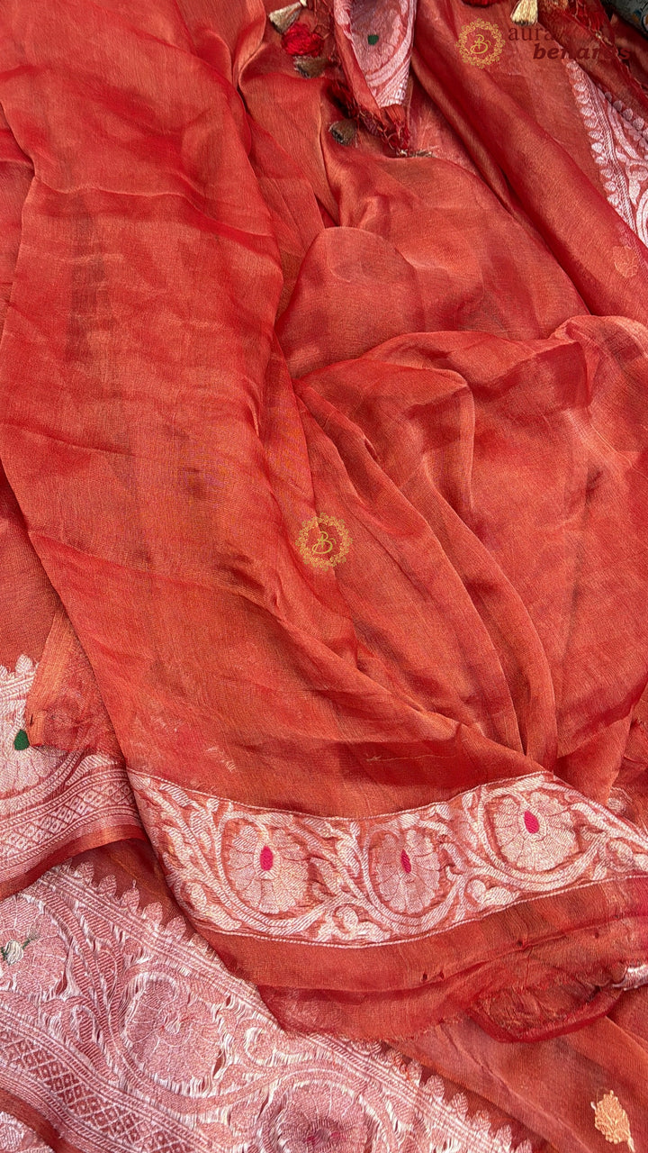 Orange Chiffon Tissue Silk Banarasi Saree with Sona Rupa