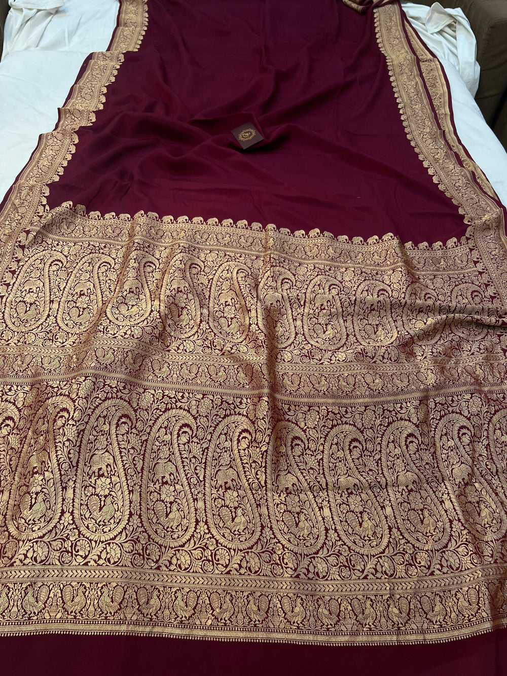 Maroon Pure Banarasi Khaddi Crepe Silk Saree - Aura Benaras