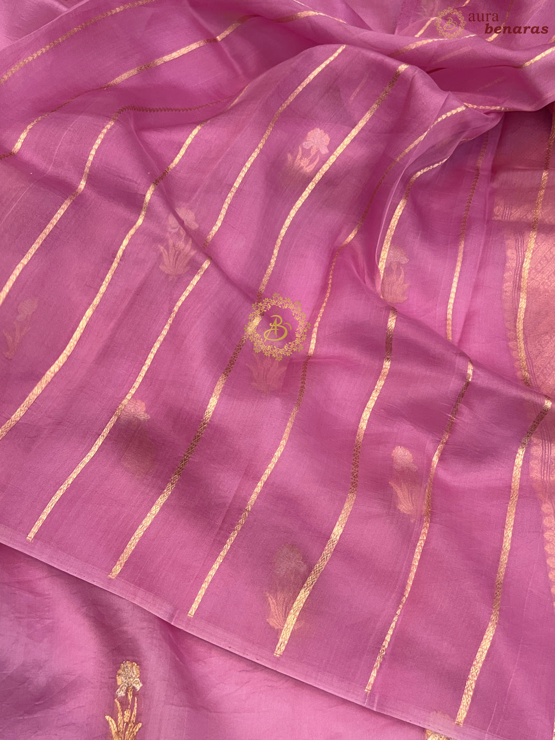 Pinkish Lavender Pure Kora Silk Handloom Banarasi Saree
