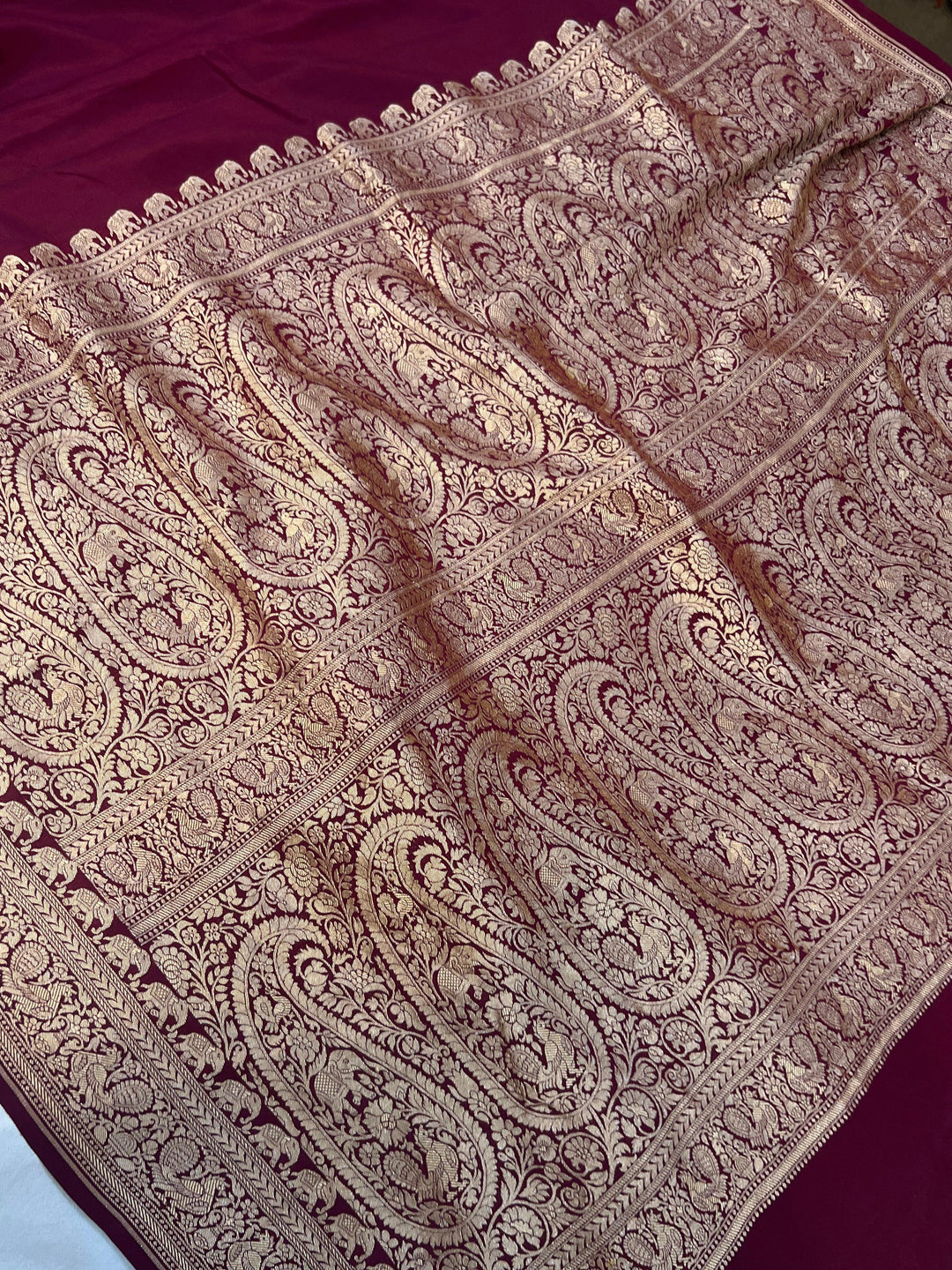 Maroon Pure Banarasi Khaddi Crepe Silk Saree - Aura Benaras