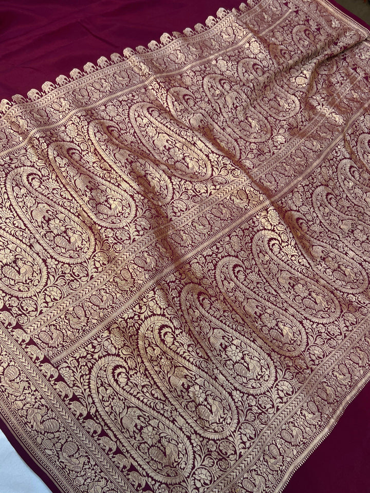 Maroon Pure Banarasi Khaddi Crepe Silk Saree - Aura Benaras