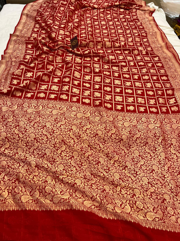 Red Banarasi Handloom Pure Khaddi Georgette Silk Saree - Aura Benaras