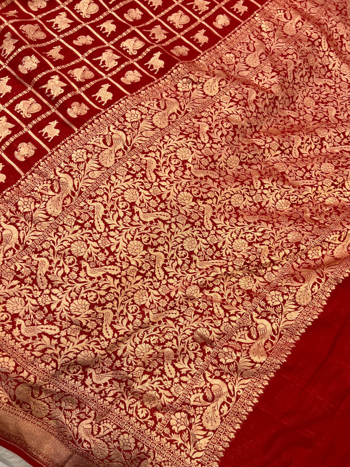 Red Banarasi Handloom Pure Khaddi Georgette Silk Saree - Aura Benaras