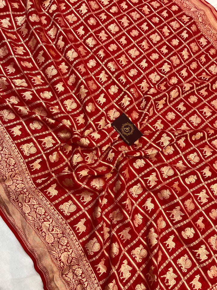 Red Banarasi Handloom Pure Khaddi Georgette Silk Saree - Aura Benaras