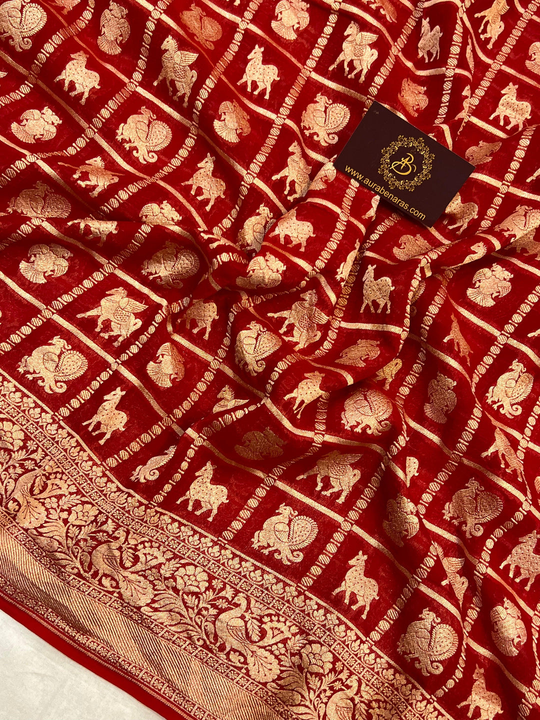 Red Banarasi Handloom Pure Khaddi Georgette Silk Saree - Aura Benaras