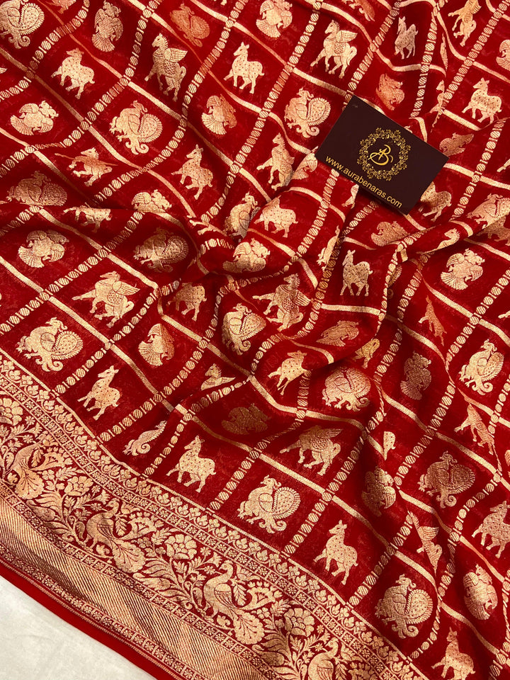 Red Banarasi Handloom Pure Khaddi Georgette Silk Saree - Aura Benaras