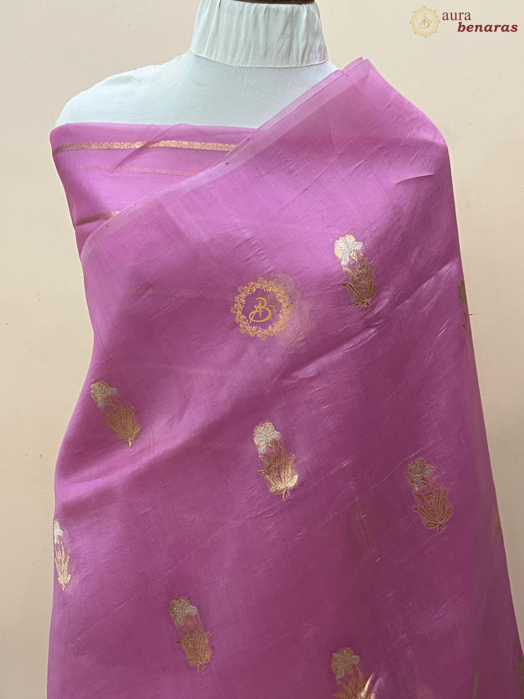 Pinkish Lavender Pure Kora Silk Handloom Banarasi Saree