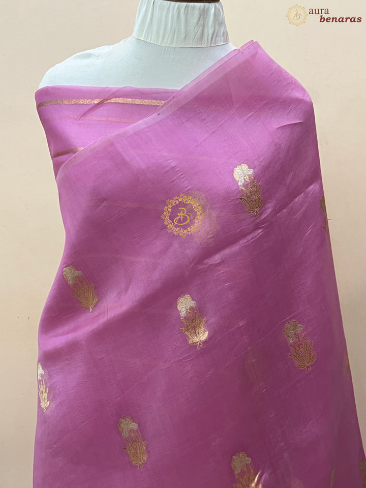 Pinkish Lavender Pure Kora Silk Handloom Banarasi Saree