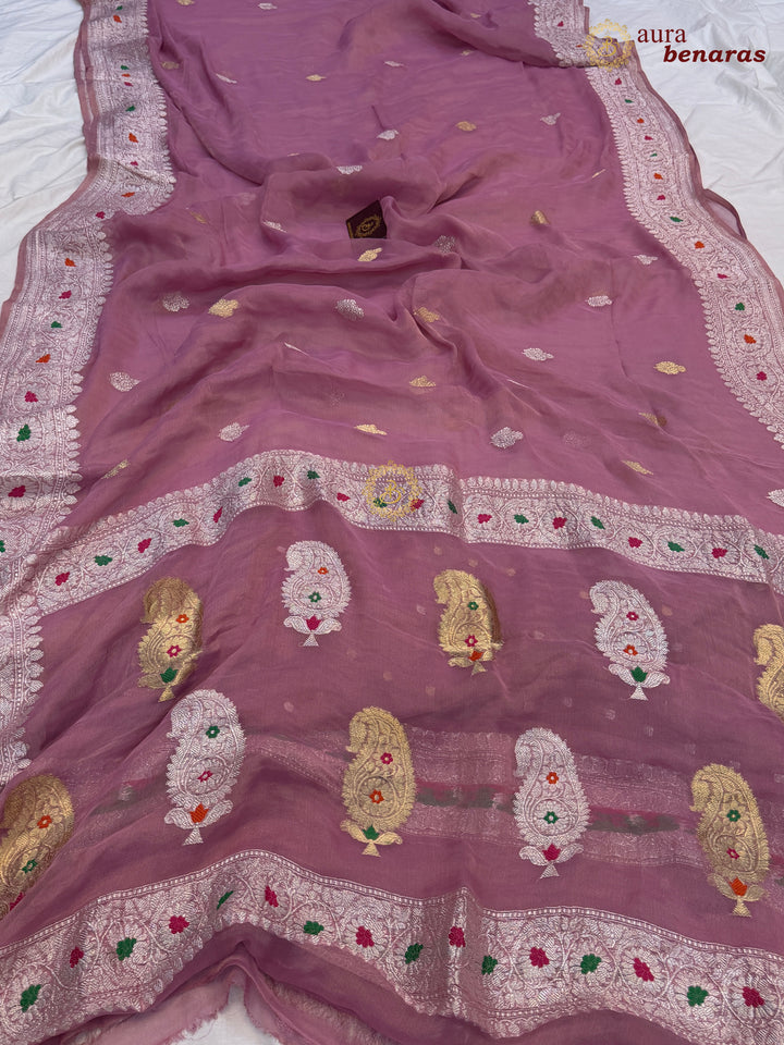 Baby Pink Chiffon Tissue Silk Banarasi Saree with Sona Rupa