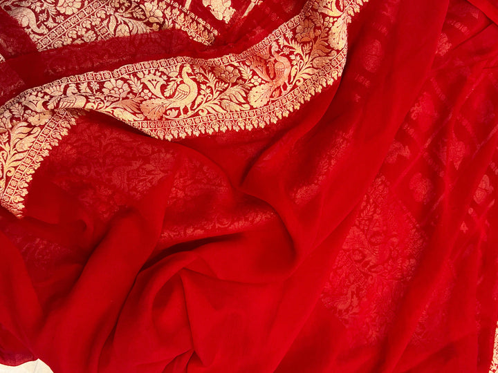 Red Banarasi Handloom Pure Khaddi Georgette Silk Saree - Aura Benaras