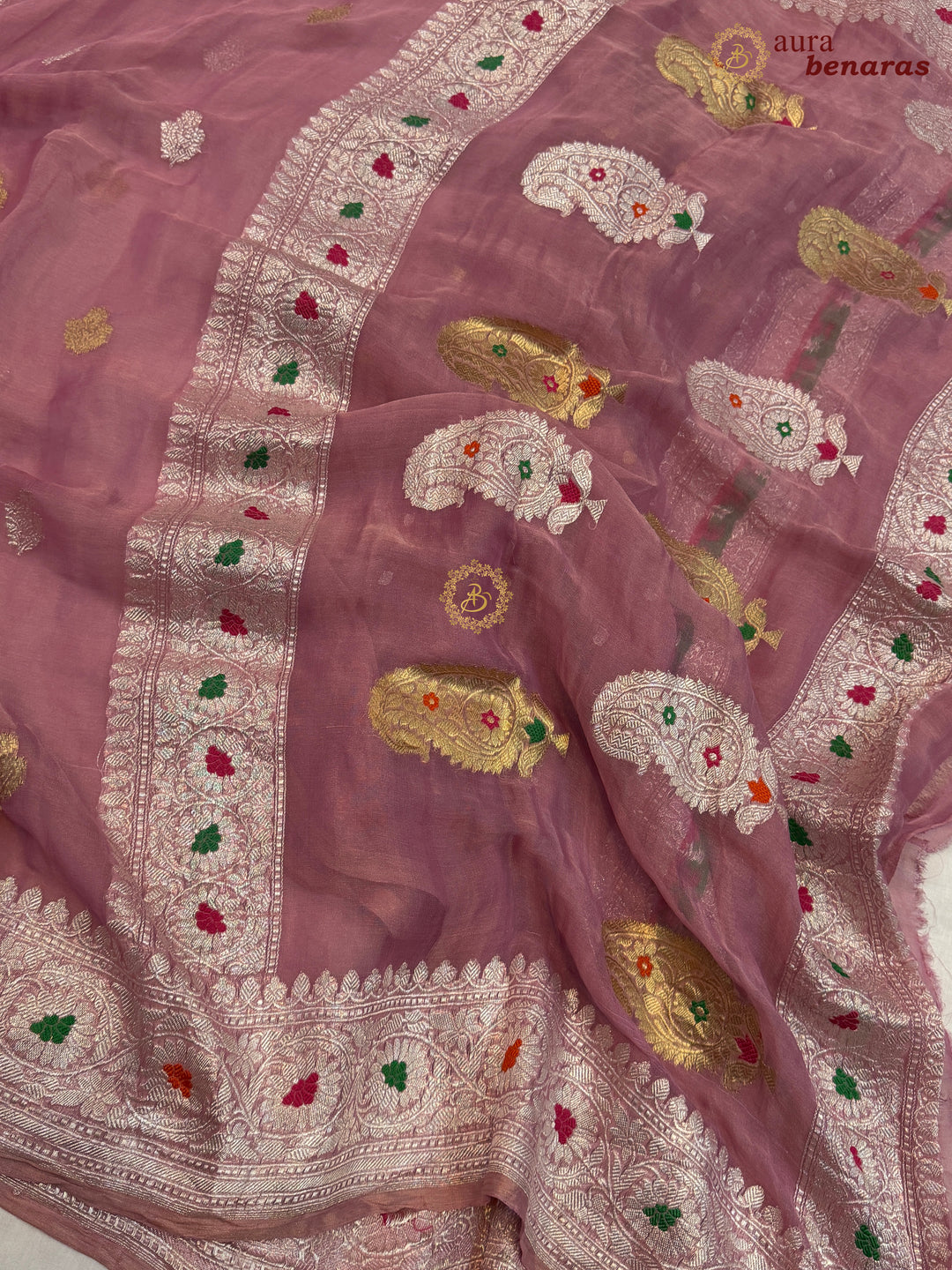 Baby Pink Chiffon Tissue Silk Banarasi Saree with Sona Rupa