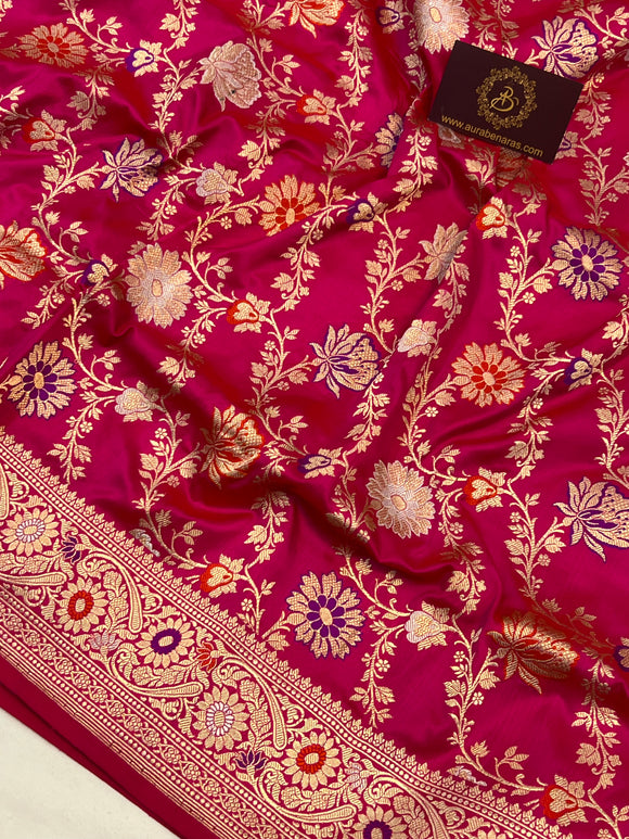 Rani Pink Jaal Pure Banarasi Handloom Katan Silk Saree - Aura Benaras