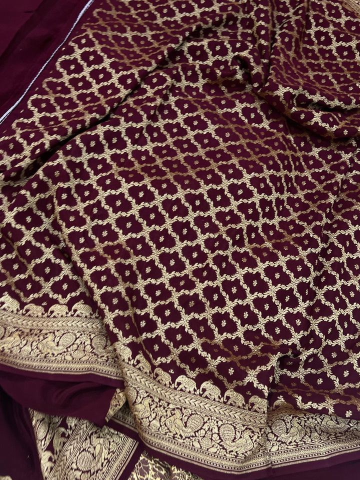 Maroon Pure Banarasi Khaddi Crepe Silk Saree - Aura Benaras