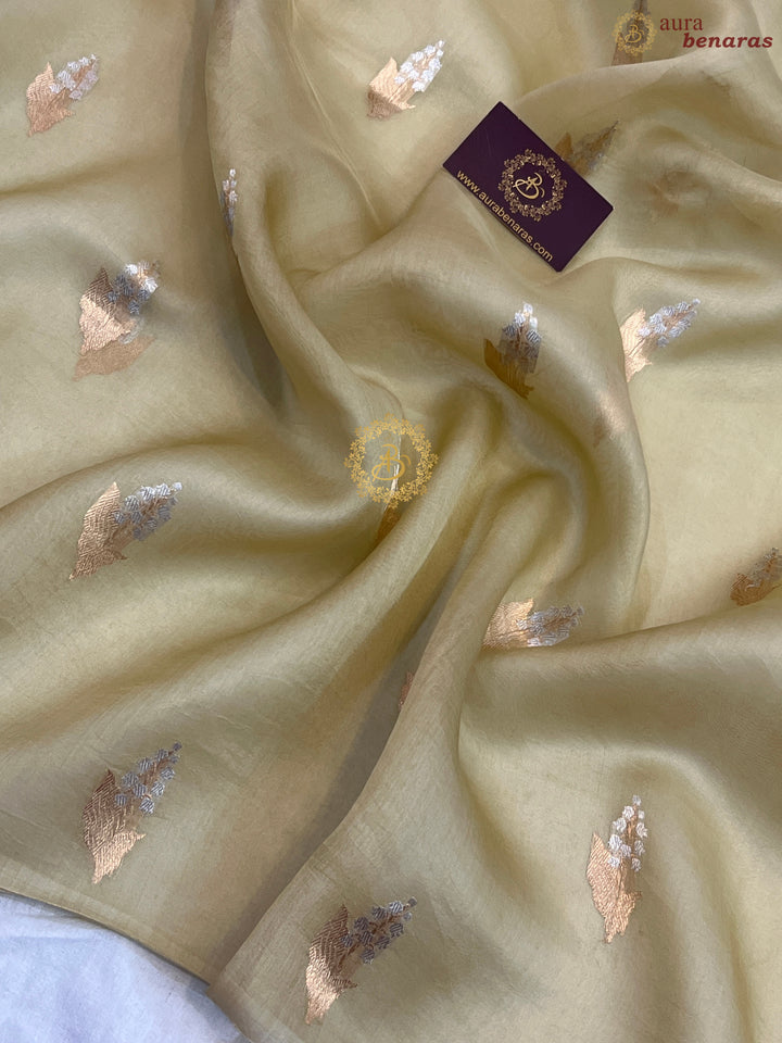 Dusty Beige Pure Kora Silk Handloom Banarasi Saree