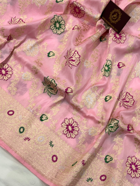 Baby Pink  Jaal Pure Banarasi Handloom Katan Silk Saree - Aura Benaras
