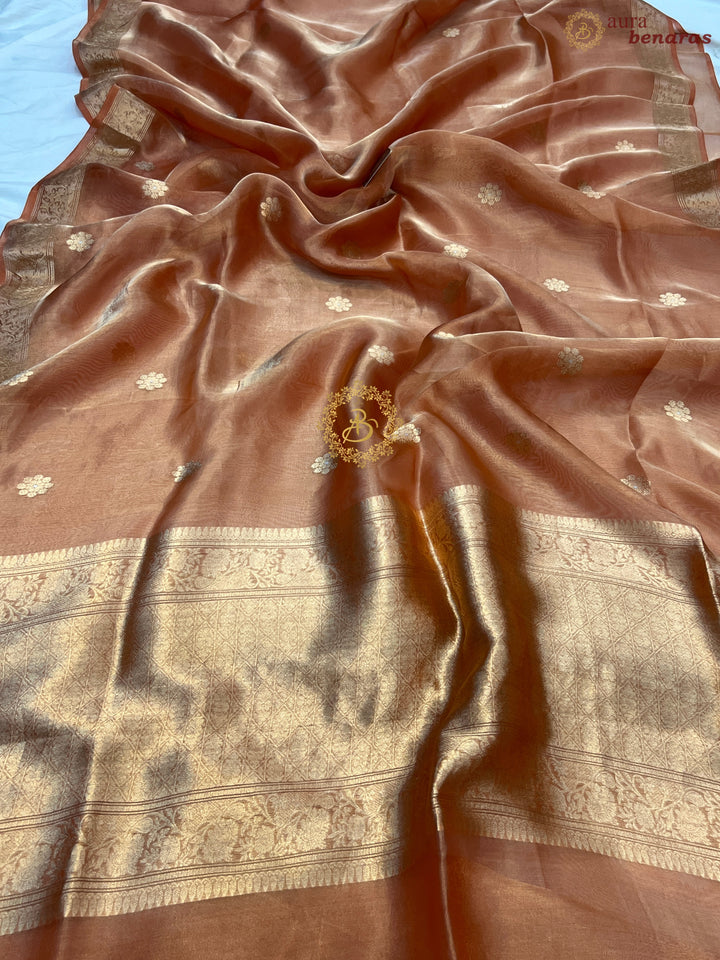 Rust Orange Pure Tissue Silk Handloom Banarasi Saree