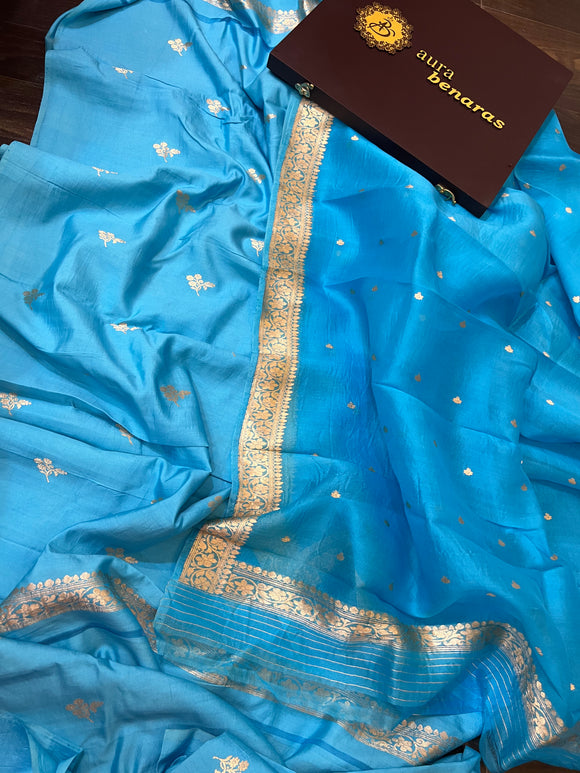 Firozi Blue Pure Banarasi Chiniya SIlk Suit - Aura Benaras