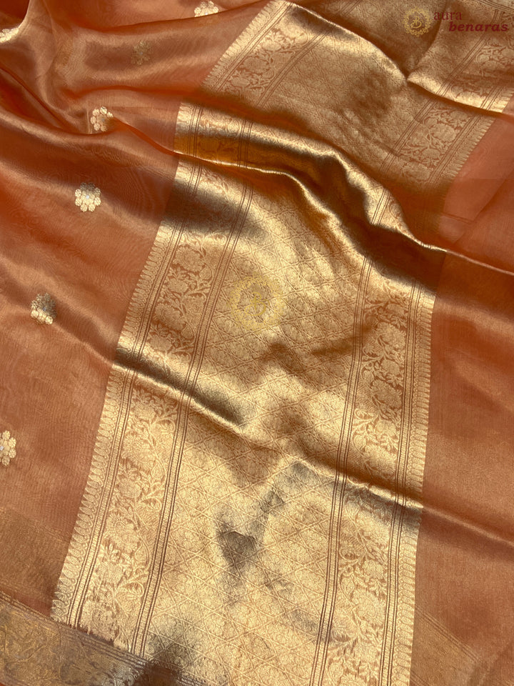 Rust Orange Pure Tissue Silk Handloom Banarasi Saree
