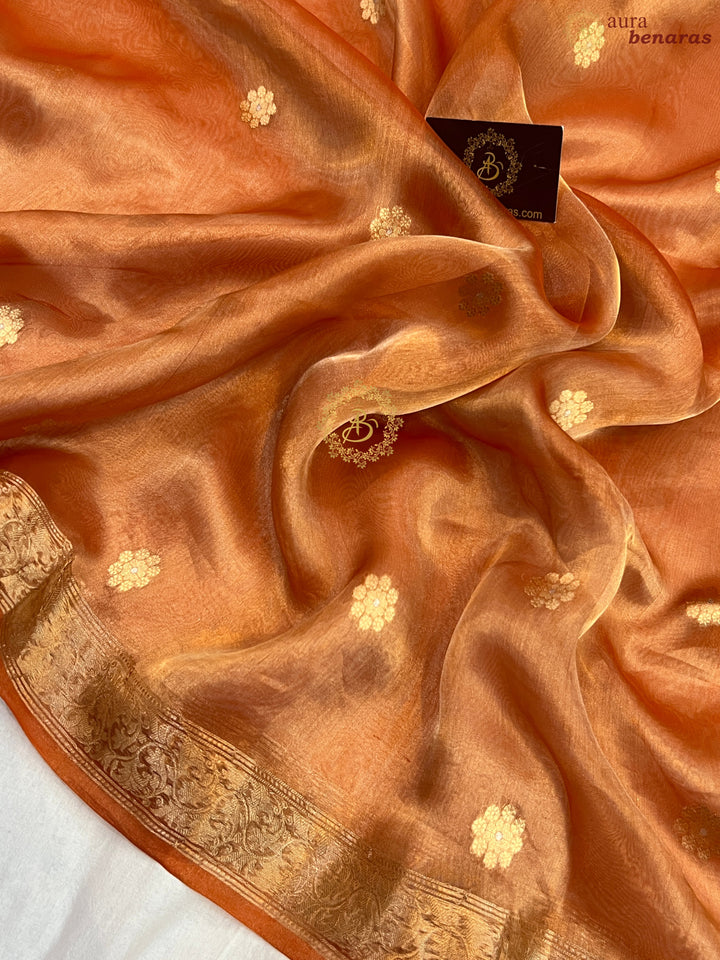 Rust Orange Pure Tissue Silk Handloom Banarasi Saree