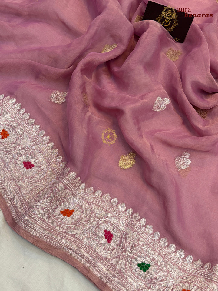 Baby Pink Chiffon Tissue Silk Banarasi Saree with Sona Rupa