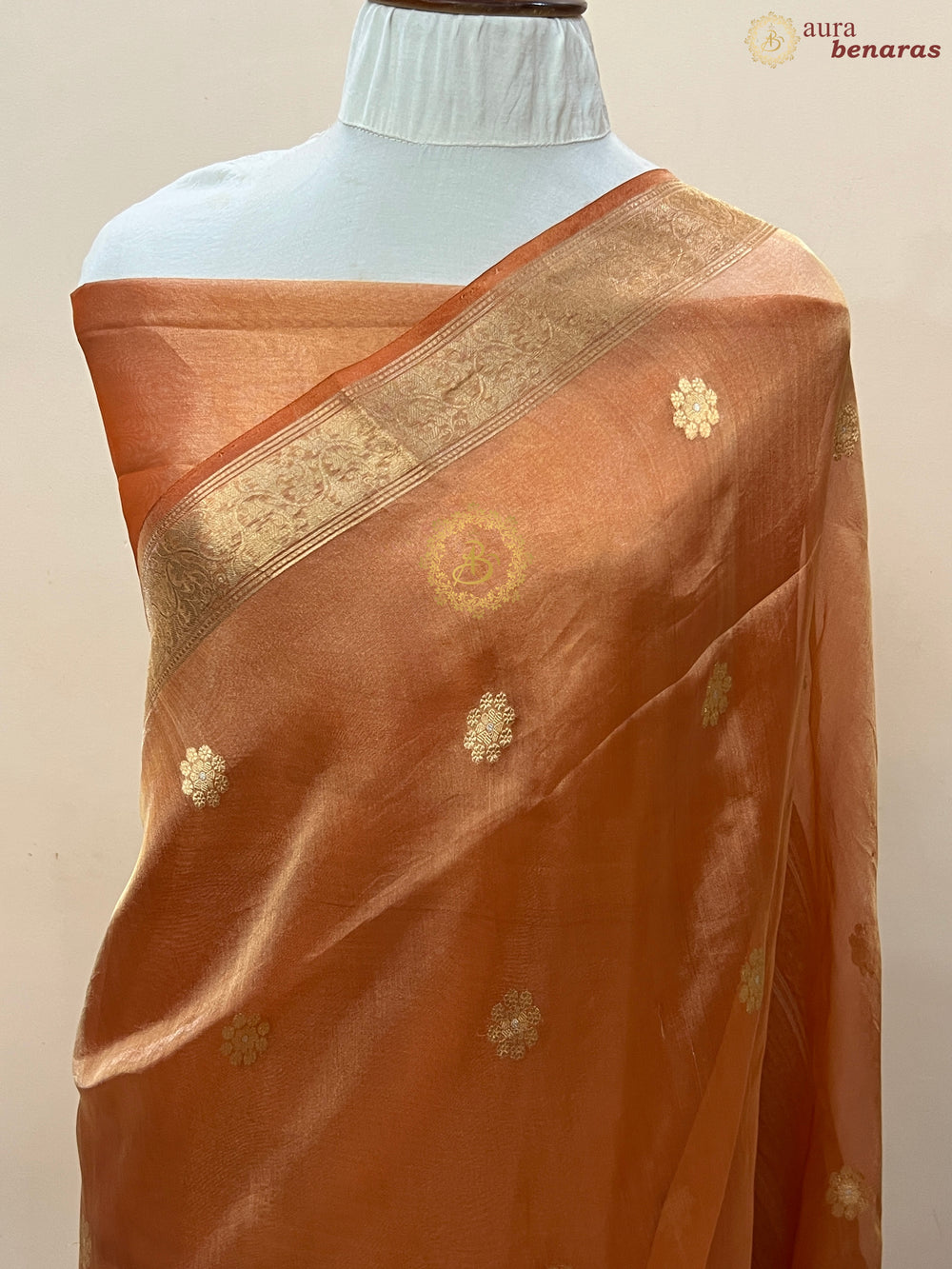 Rust Orange Pure Tissue Silk Handloom Banarasi Saree