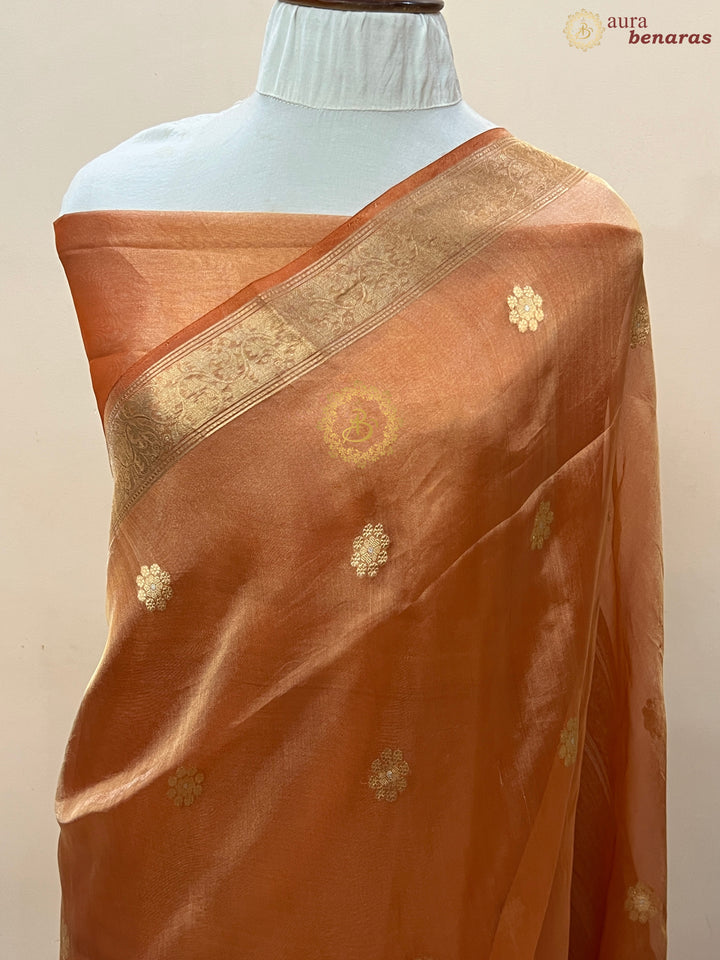Rust Orange Pure Tissue Silk Handloom Banarasi Saree