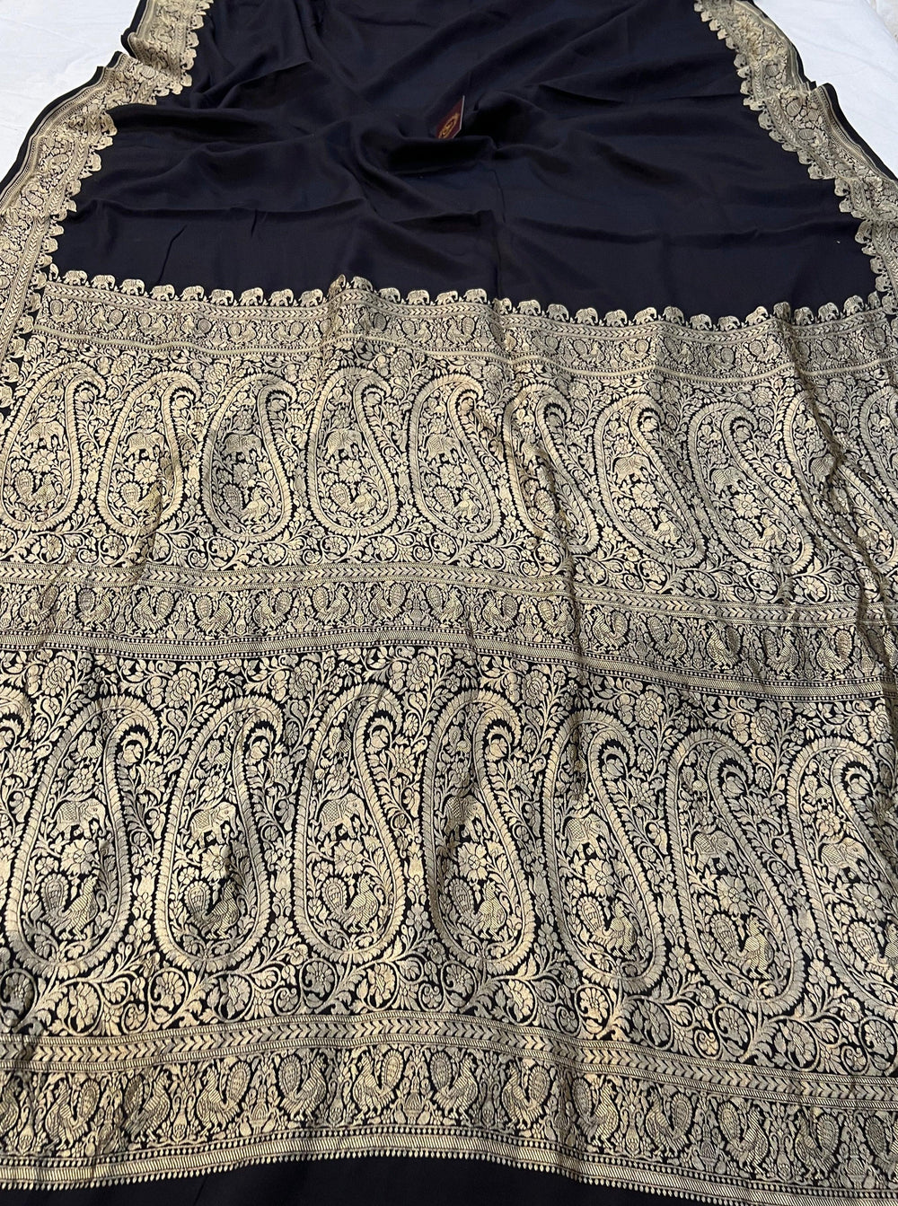 Black Pure Banarasi Khaddi Crepe Silk Saree - Aura Benaras