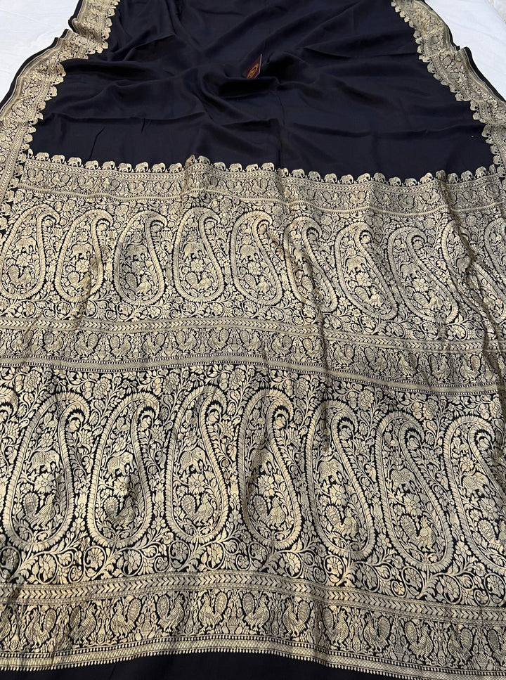 Black Pure Banarasi Khaddi Crepe Silk Saree - Aura Benaras