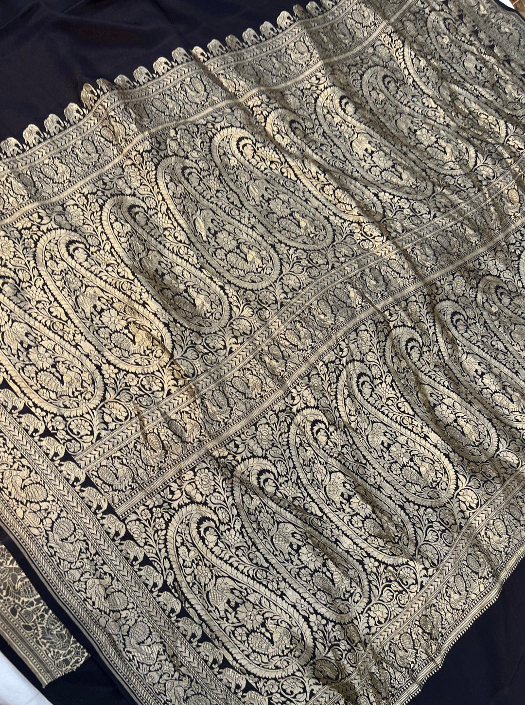 Black Pure Banarasi Khaddi Crepe Silk Saree - Aura Benaras