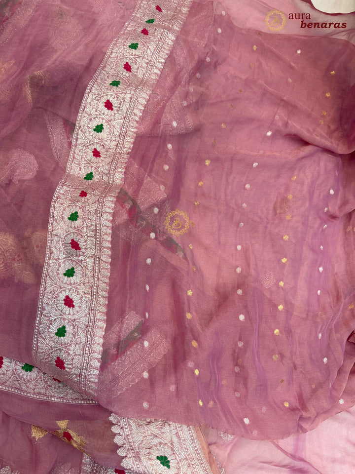 Baby Pink Chiffon Tissue Silk Banarasi Saree with Sona Rupa