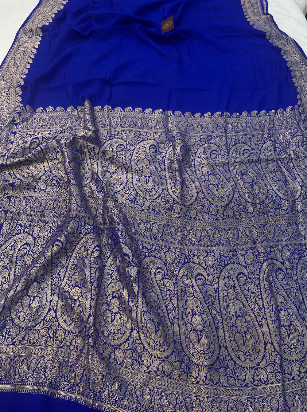 Royal Blue Pure Banarasi Khaddi Crepe Silk Saree - Aura Benaras