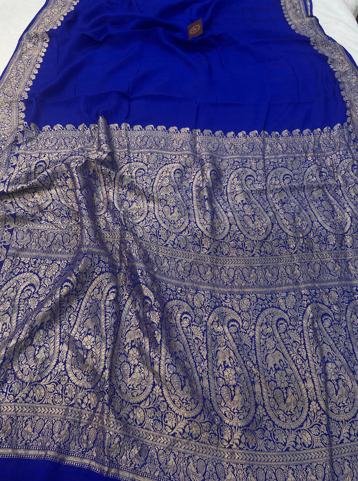 Royal Blue Pure Banarasi Khaddi Crepe Silk Saree - Aura Benaras