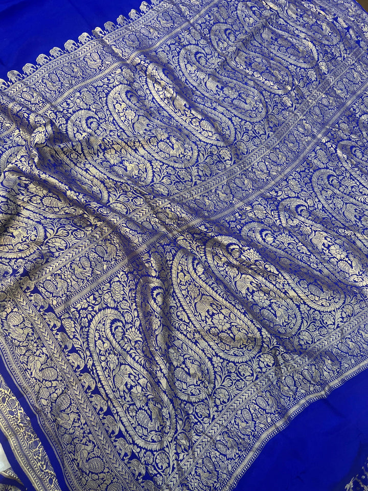 Royal Blue Pure Banarasi Khaddi Crepe Silk Saree - Aura Benaras