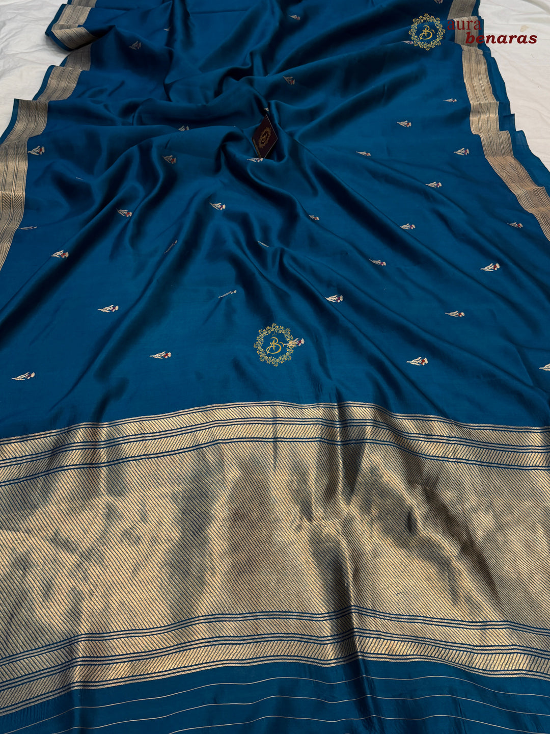 Teal Blue Pure Silk Handloom Banarasi Saree - AuraBenaras