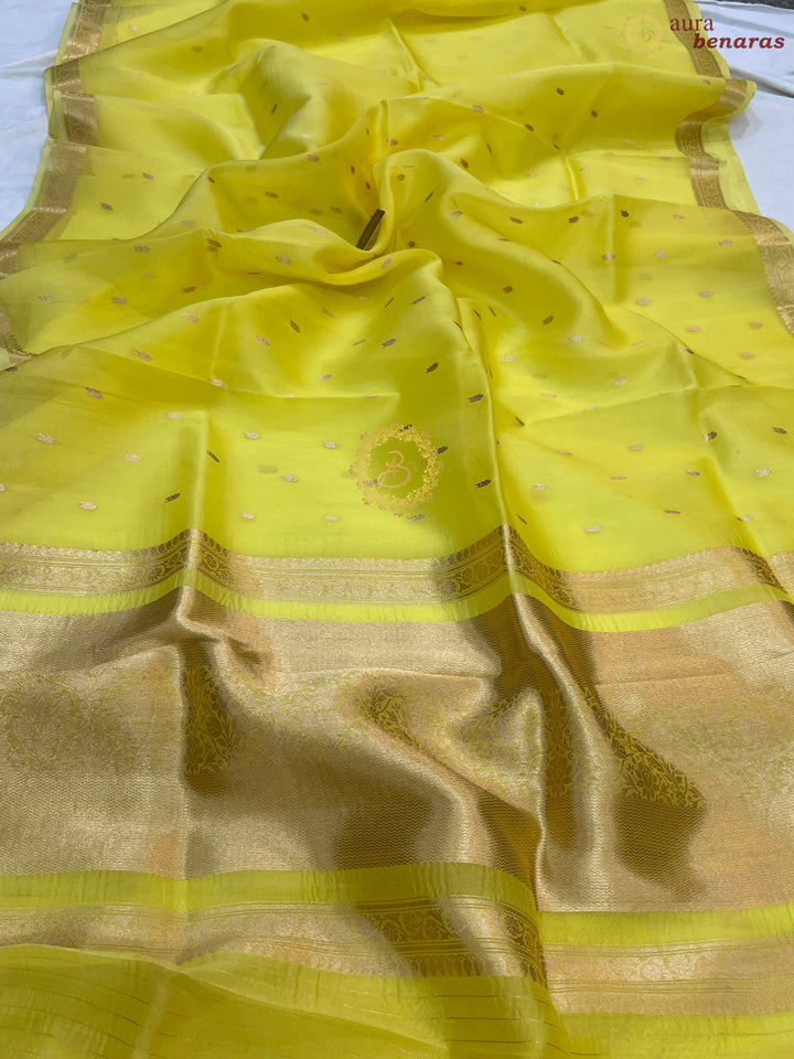 Lemon Yellow Pure Kora Silk Handloom Banarasi Saree