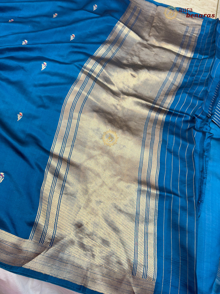 Teal Blue Pure Silk Handloom Banarasi Saree - AuraBenaras