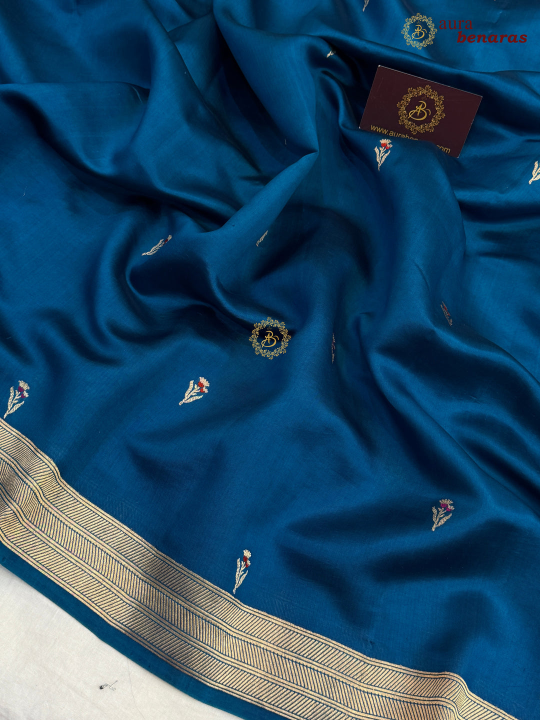 Teal Blue Pure Silk Handloom Banarasi Saree - AuraBenaras