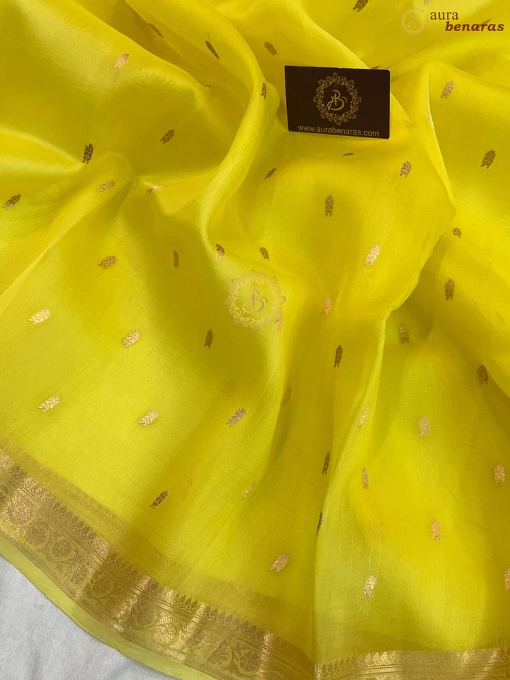 Lemon Yellow Pure Kora Silk Handloom Banarasi Saree