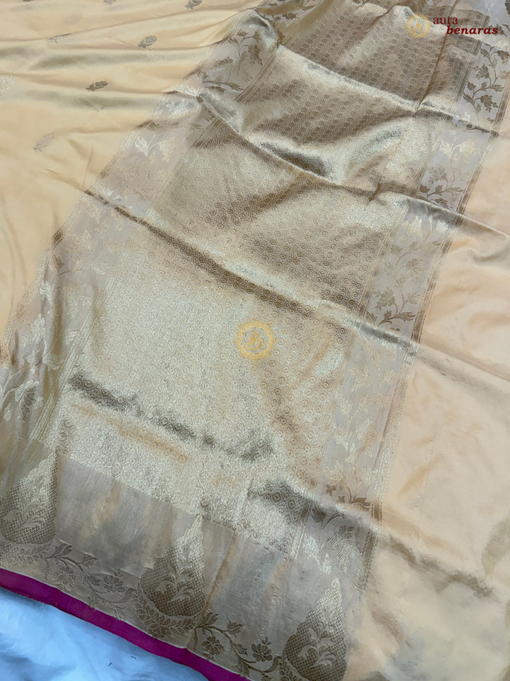 Creamish Yellow Pure Katan Silk Handloom Banarasi Saree