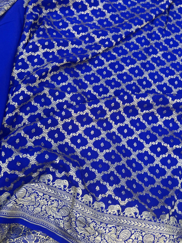 Royal Blue Pure Banarasi Khaddi Crepe Silk Saree - Aura Benaras