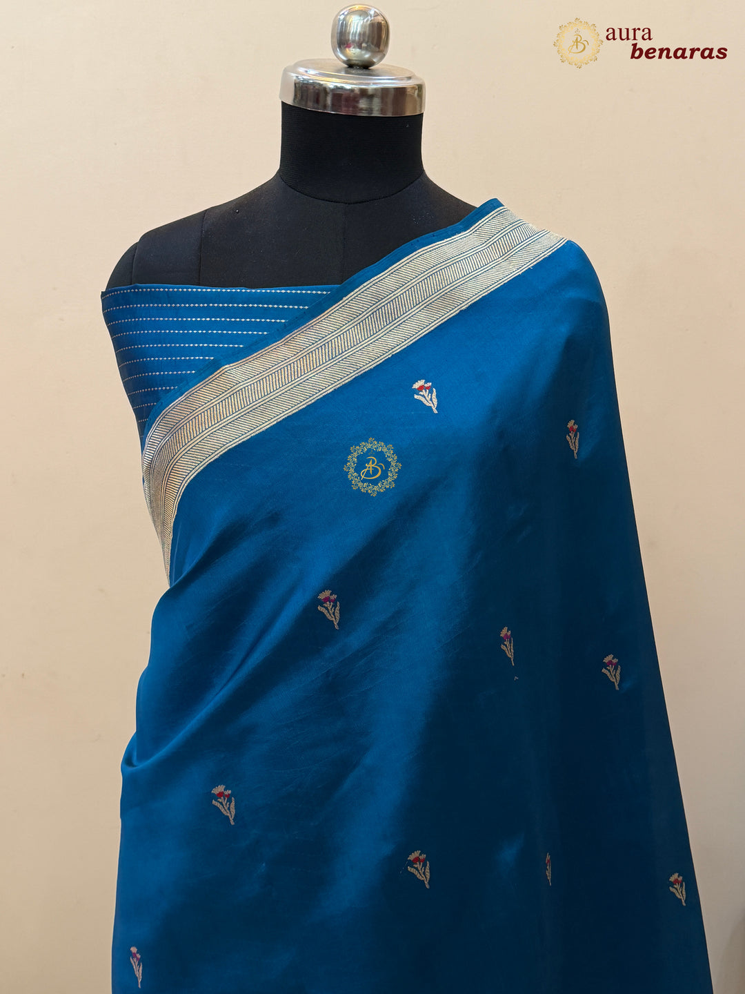 Teal Blue Pure Silk Handloom Banarasi Saree - AuraBenaras