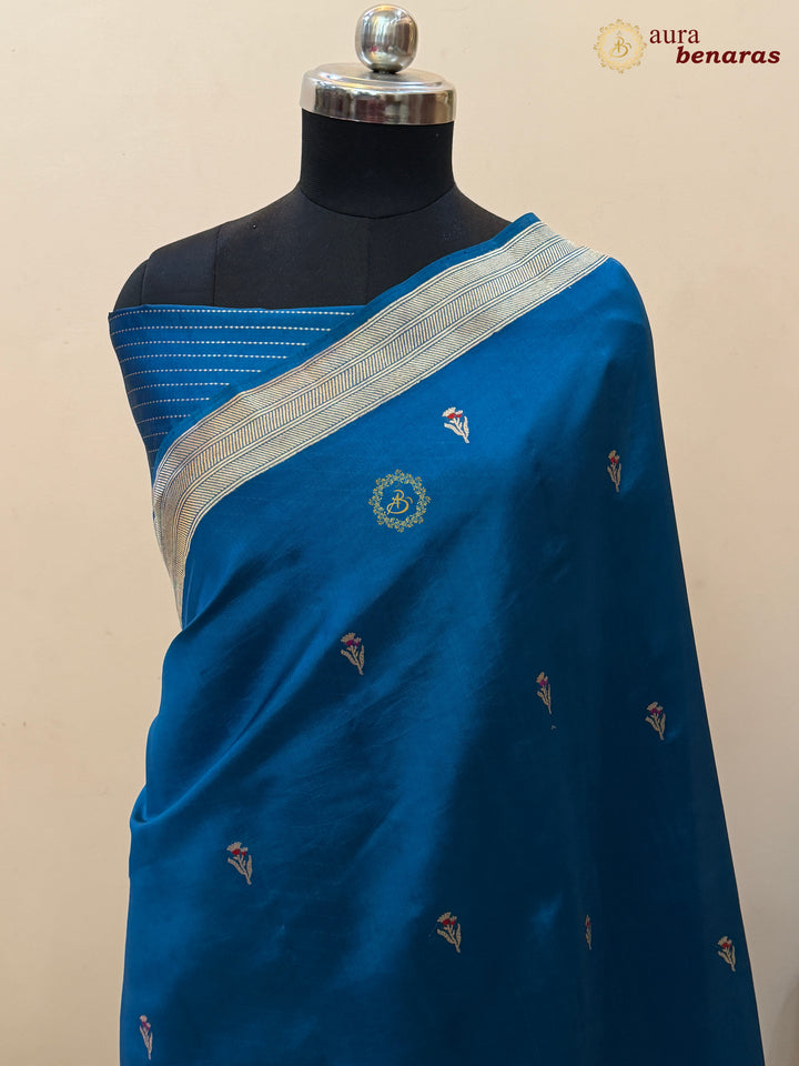 Teal Blue Pure Silk Handloom Banarasi Saree - AuraBenaras