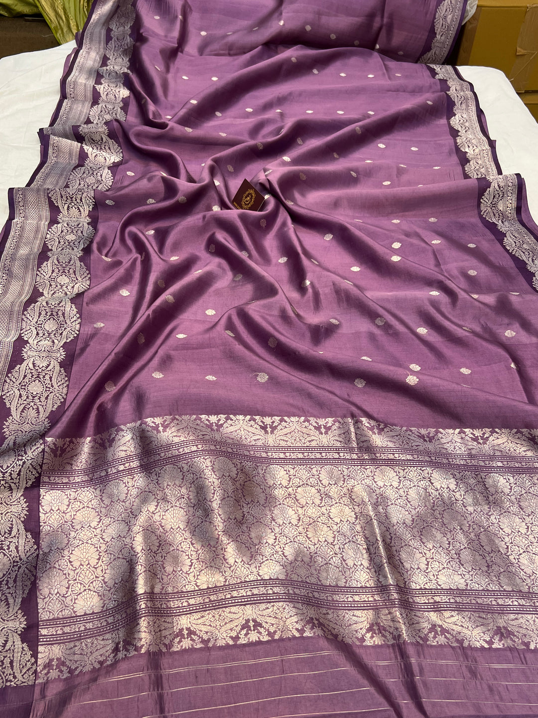 Buy Plum Silk Banarasi Saree – Silver Zari & Mashru Border 