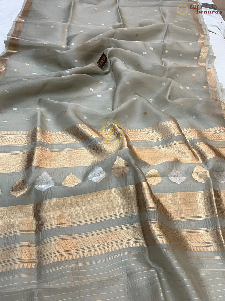 Light Grey Pure Kora Silk Handloom Banarasi Saree