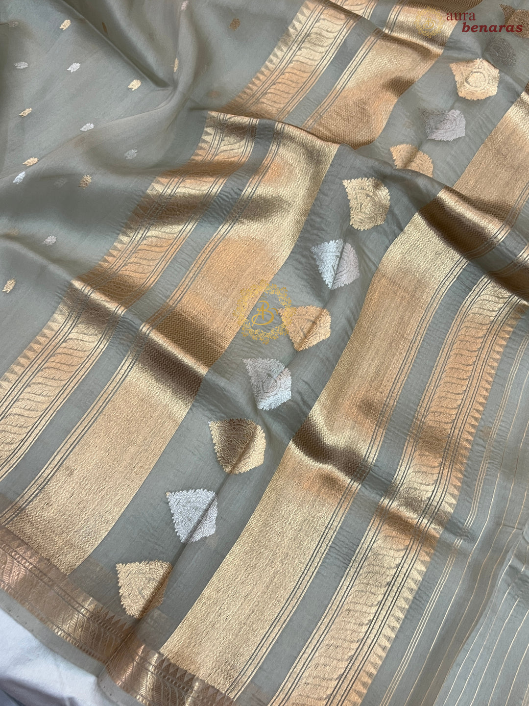 Light Grey Pure Kora Silk Handloom Banarasi Saree